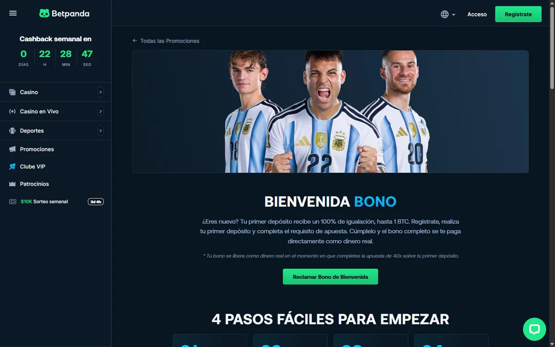 Página del bono de bienvenida de Betpanda en español con el 100 % hasta 1 BTC y la nota del requisito de 40 veces el primer depósito