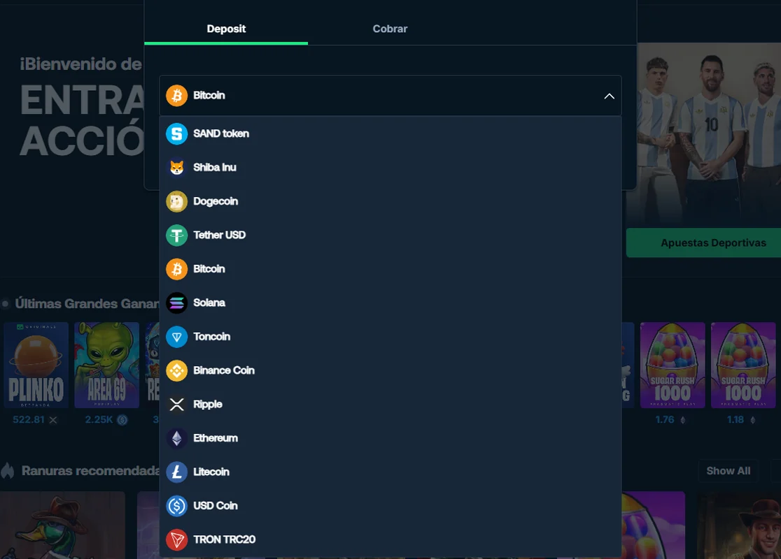 Cajero de Betpanda con la pestaña Deposit y el selector desplegado con las 13 monedas: SAND, Shiba Inu, Dogecoin, Tether, Bitcoin, Solana, Toncoin, BNB, Ripple, Ethereum, Litecoin, USD Coin y Tron