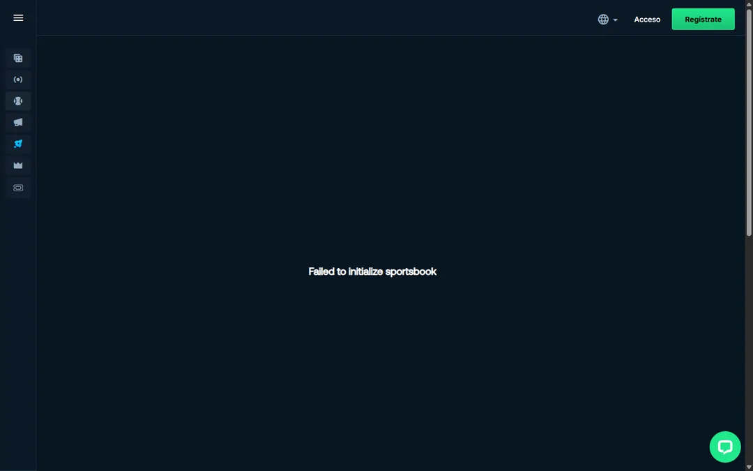Página de deportes de Betpanda con el mensaje Failed to initialize sportsbook y ningún evento