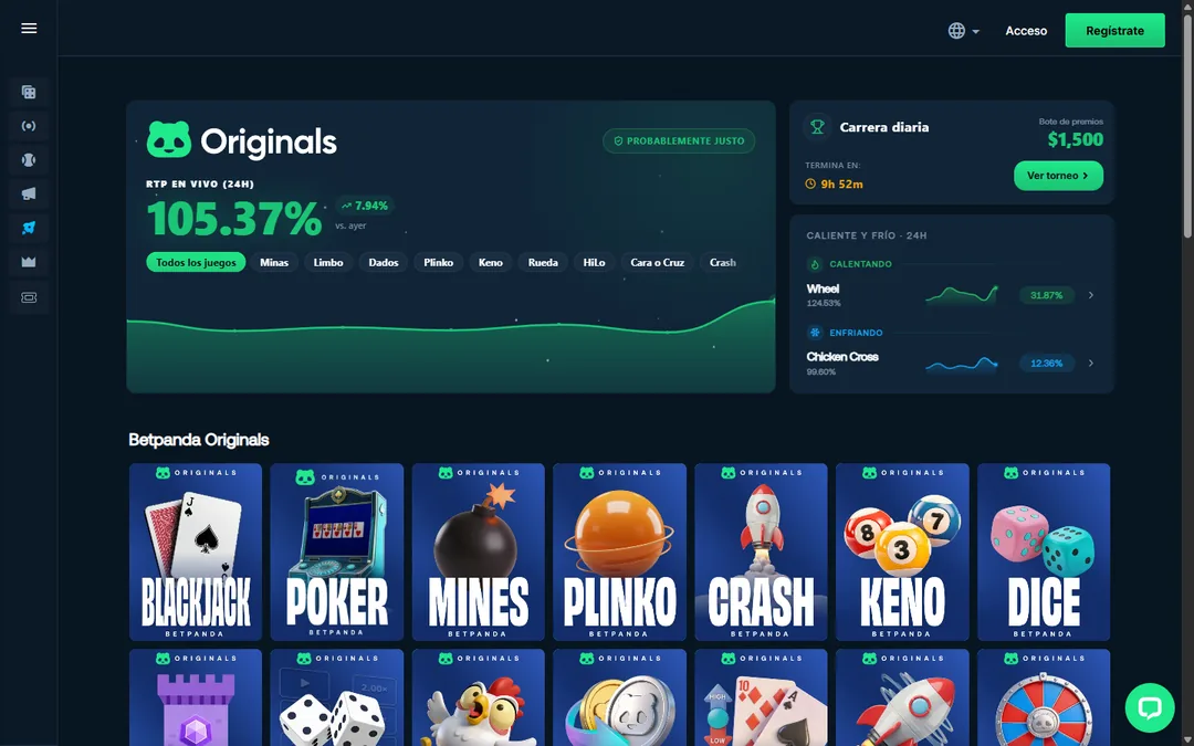 Sección Originals de Betpanda con el tablero de RTP en vivo, la carrera diaria y los juegos Blackjack, Poker, Mines, Plinko, Crash, Keno y Dice