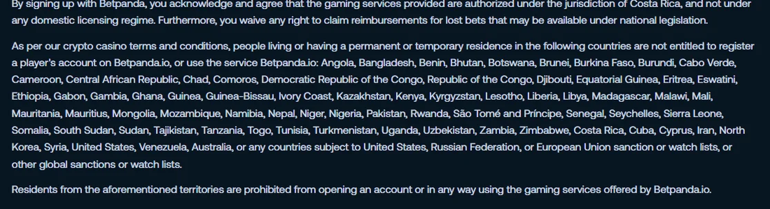 Lista de países restringidos en los términos de Betpanda, con Estados Unidos, Australia, Chipre, Costa Rica, Cuba y Venezuela, sin México