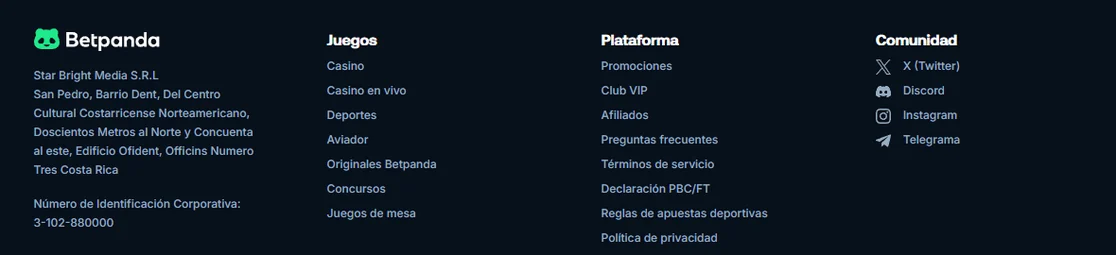 Pie de página de Betpanda con el nombre Star Bright Media S.R.L, el domicilio en Costa Rica y el número corporativo 3-102-880000, sin ninguna licencia