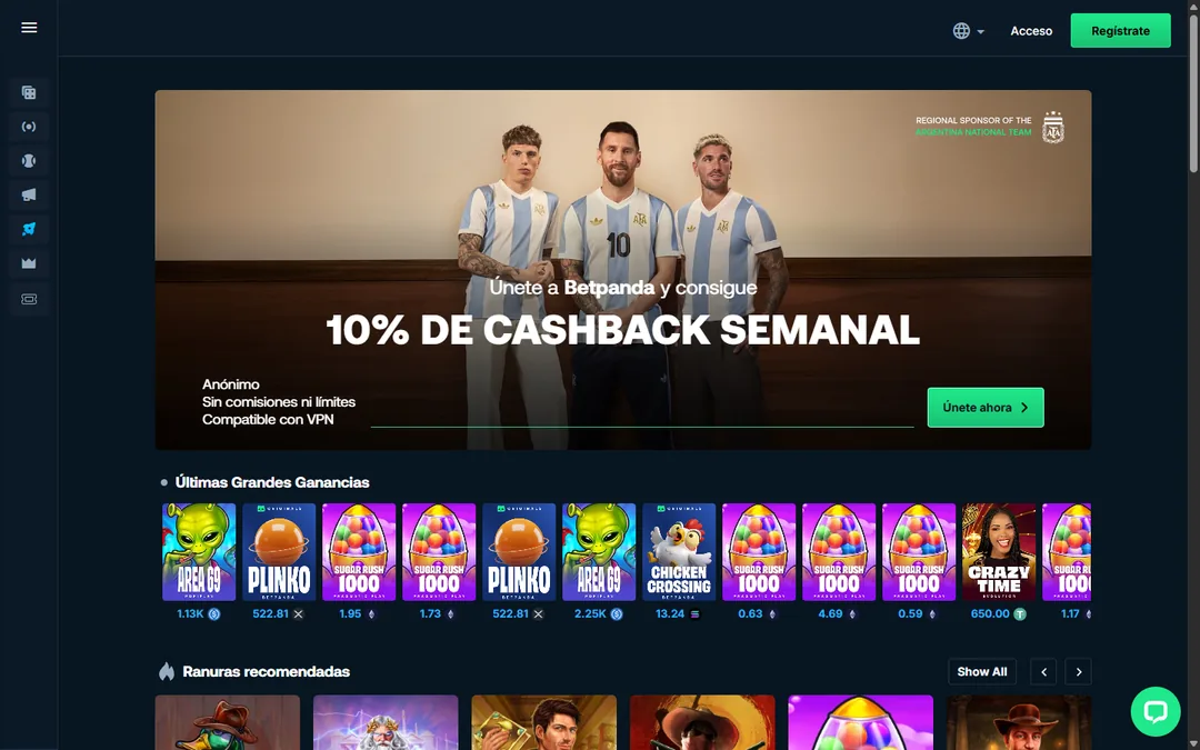 Portada de Betpanda en español con el banner del cashback semanal del 10 %, las últimas grandes ganancias y las tragamonedas recomendadas