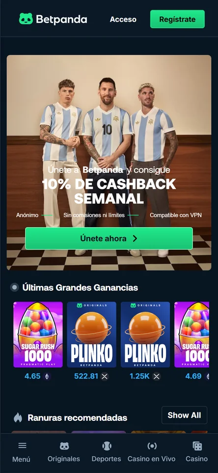 Portada móvil de Betpanda en español con el banner del cashback semanal del 10 % y las últimas grandes ganancias