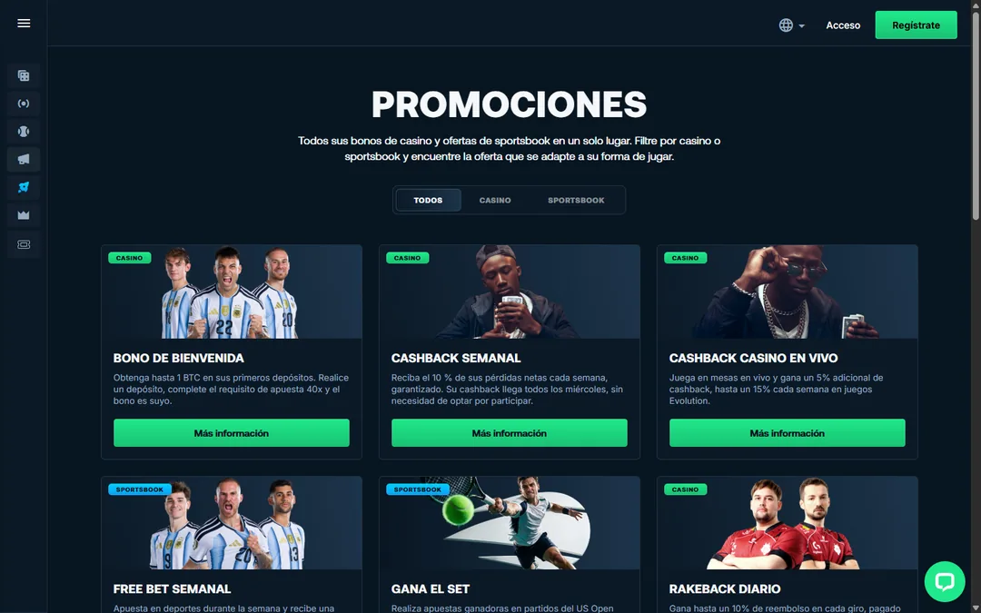 Página de promociones de Betpanda con el bono de bienvenida, el cashback semanal y el cashback de casino en vivo