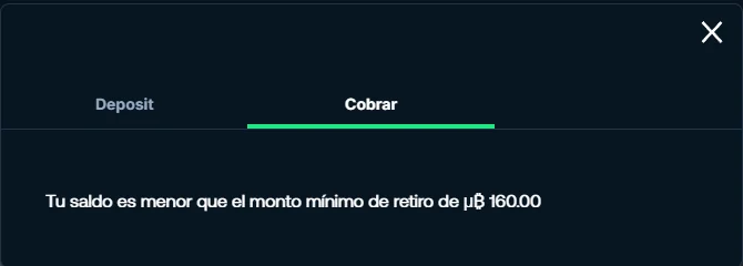 Pestaña Cobrar del cajero de Betpanda con el aviso de que el saldo es menor que el monto mínimo de retiro de 160 microbitcoins