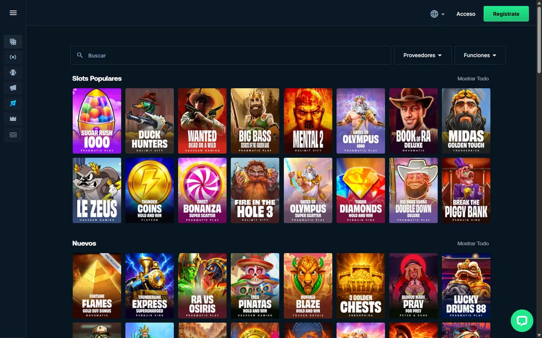 Lobby de tragamonedas de Betpanda con los filtros de proveedores y funciones y las filas de populares y nuevos