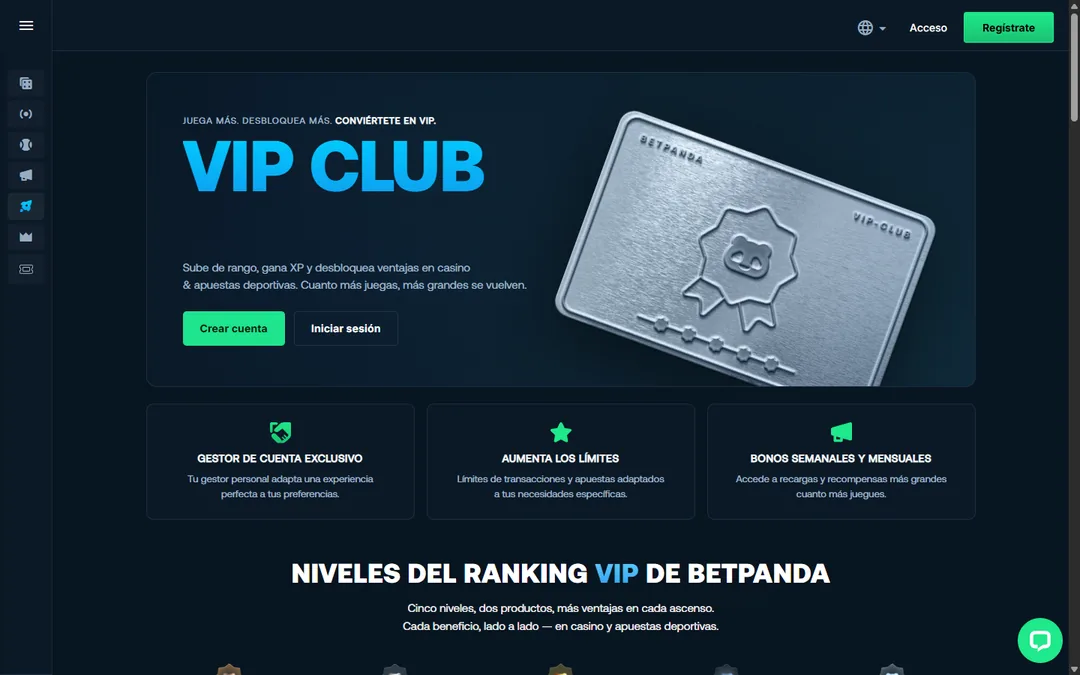 Página del club VIP de Betpanda con la tarjeta metálica y las tres ventajas principales