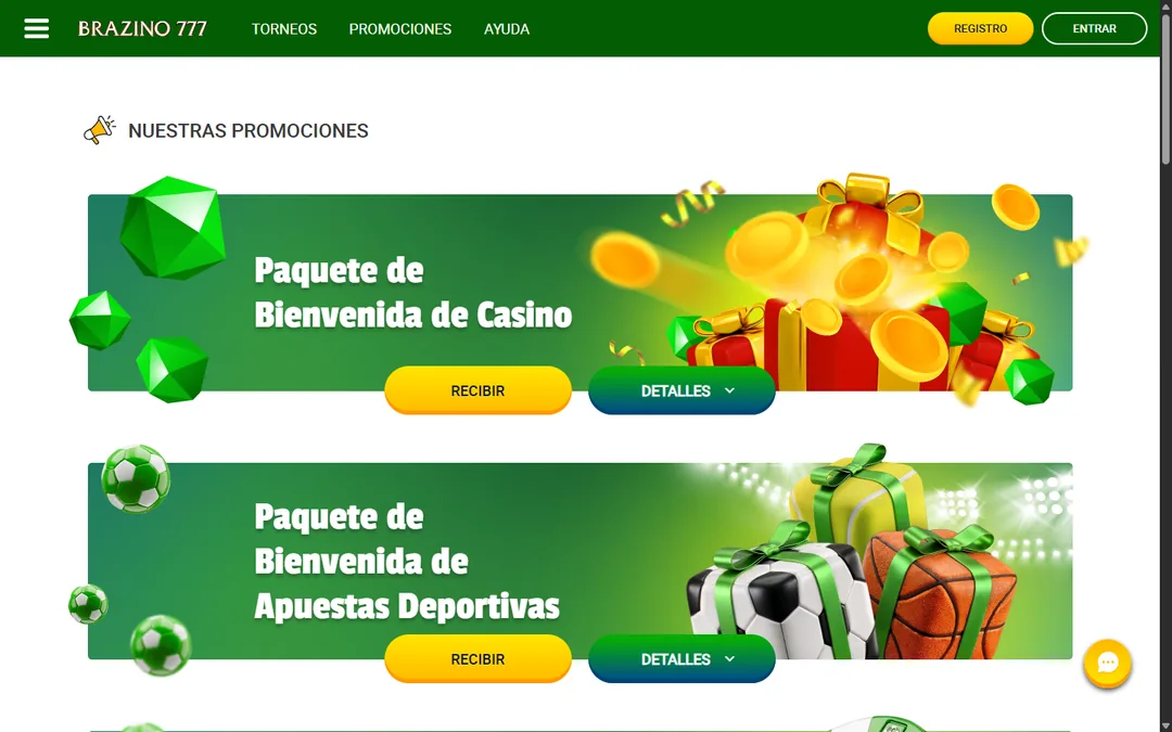 Página de promociones de Brazino777 México con los paquetes de bienvenida de casino y de apuestas deportivas