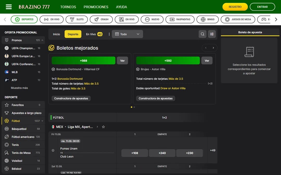Casa de apuestas de Brazino777 México con la Liga MX y boletos mejorados