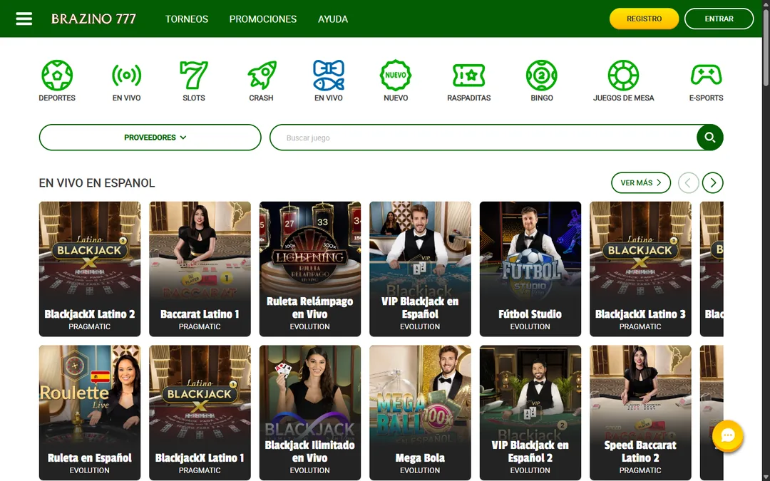 Casino en vivo en español de Brazino777 México con BlackjackX Latino, Baccarat Latino y Ruleta Relámpago