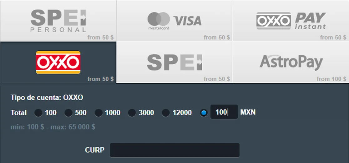 Cajero de Brazino777 México con los botones de SPEI, Visa, OXXO Pay, OXXO, AstroPay y Crypto y el panel de OXXO con mínimo 100 y máximo 65,000 pesos