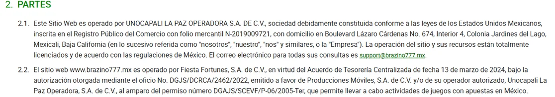 Cláusulas 2.1 y 2.2 de los términos de brazino777.mx con Unocapali La Paz Operadora, Fiesta Fortunes y el permiso DGAJS/SCEVF/P-06/2005-Ter
