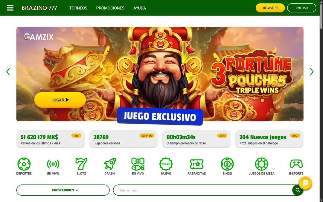 Portada de Brazino777 México con el juego exclusivo 3 Fortune Pouches y los contadores de retiros y jugadores