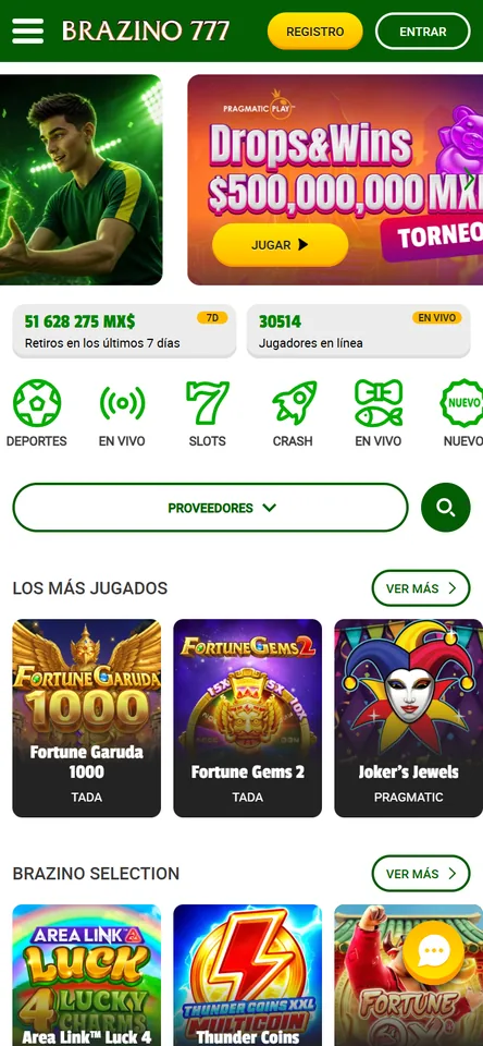 Portada móvil de Brazino777 México con el torneo Drops and Wins y los juegos más jugados