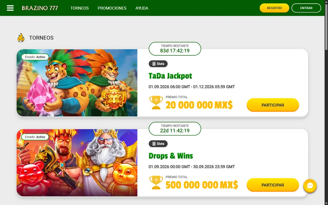 Página de torneos de Brazino777 México con TaDa Jackpot y Drops and Wins