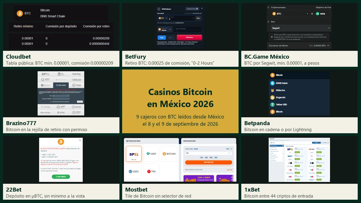 Casinos Bitcoin: los cajeros de Cloudbet, BetFury, BC.Game, Brazino777, Betpanda, 22Bet, Mostbet y 1xBet con el mínimo y la red de BTC de cada uno