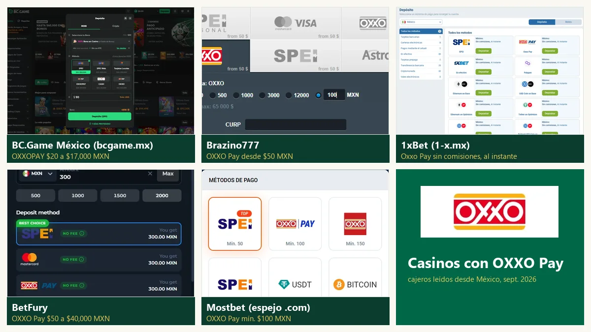 Casinos con OXXO Pay: los cajeros de BC.Game México, Brazino777, 1xBet, BetFury y Mostbet con el tile de OXXO Pay y sus límites en pesos