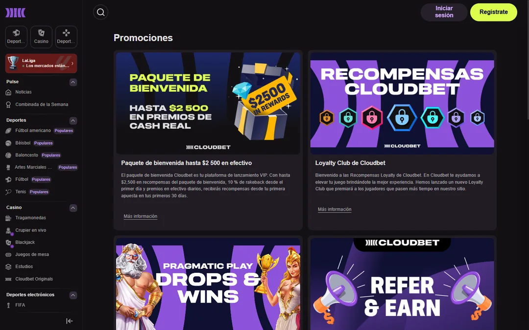Página de promociones de Cloudbet en español con el paquete de bienvenida de $2,500, las recompensas Cloudbet, Drops and Wins y el programa de referidos