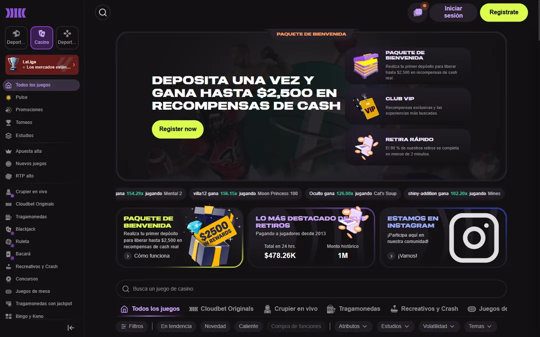 Lobby del casino de Cloudbet con el banner del paquete de bienvenida y las categorías de juegos