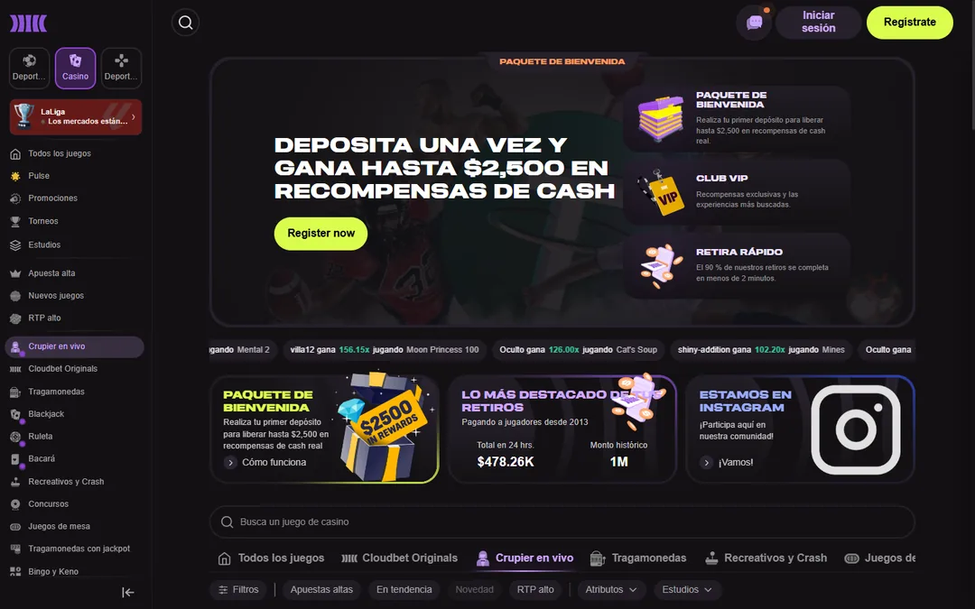 Casino en vivo de Cloudbet con las categorías de crupier en vivo