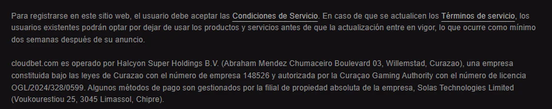 Pie de cloudbet.com con el texto jurídico de Halcyon Super Holdings B.V. y la licencia OGL/2024/328/0599 de la Curaçao Gaming Authority