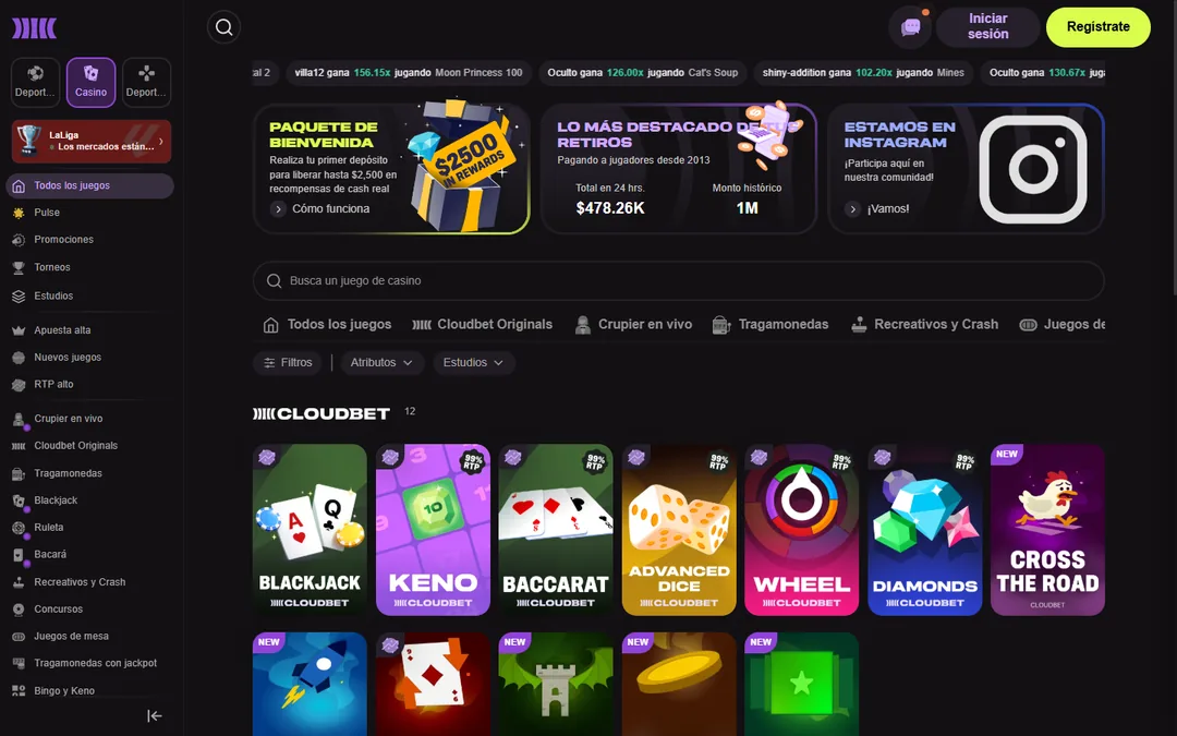 Sección Cloudbet Originals con doce juegos y las insignias de RTP 99 %
