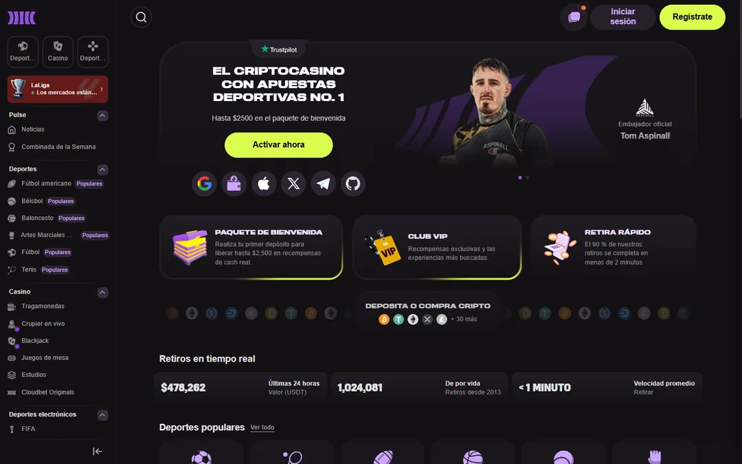 Portada de Cloudbet en español con el paquete de bienvenida, el embajador Tom Aspinall y los contadores de retiros