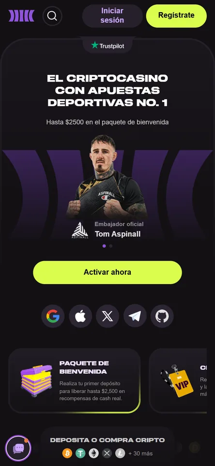 Portada móvil de Cloudbet en español con el paquete de bienvenida de $2,500 y el embajador Tom Aspinall