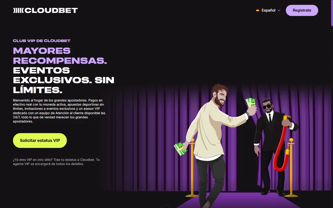 Página del Club VIP de Cloudbet con la promesa de mayores recompensas y eventos exclusivos