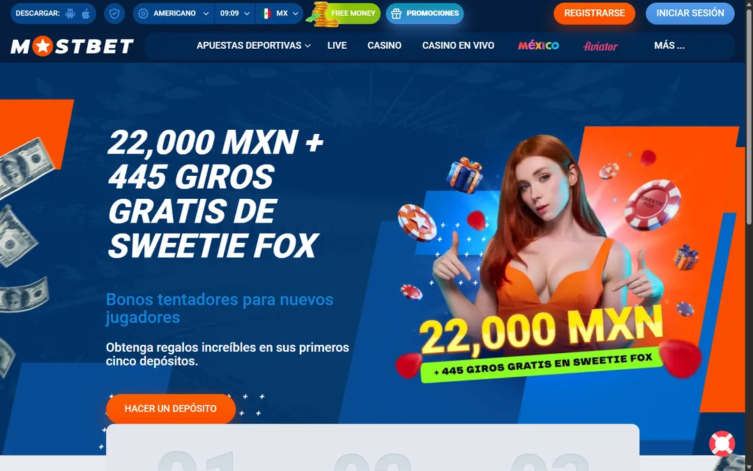 Página del bono de bienvenida de Mostbet México con 22,000 MXN más 445 giros gratis de Sweetie Fox en los primeros cinco depósitos