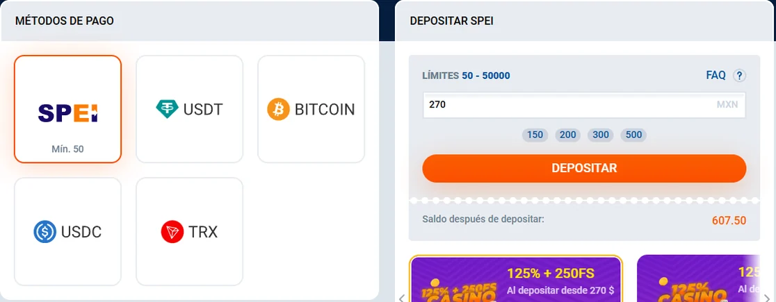 Cajero de Mostbet México con los cinco métodos de depósito SPEI, USDT, Bitcoin, USDC y TRX, los límites de SPEI de 50 a 50,000 pesos y las dos variantes del bono de bienvenida
