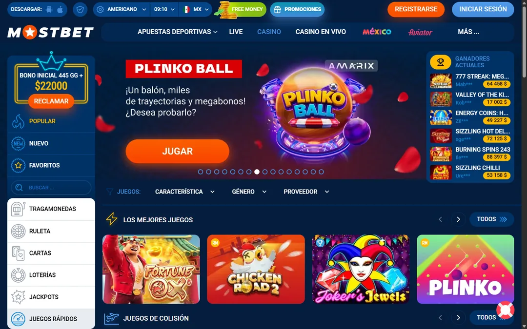 Lobby de casino de Mostbet México con el banner de Plinko Ball, los ganadores actuales y los mejores juegos