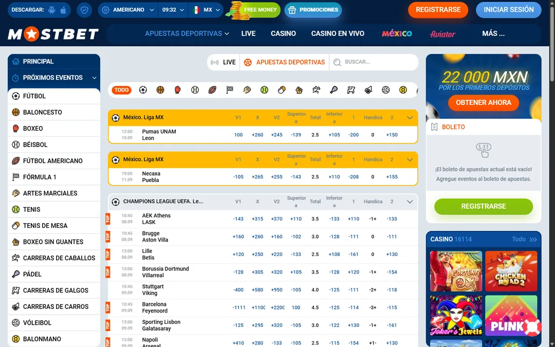 Página de apuestas deportivas de Mostbet México con la Liga MX, Pumas contra León y Necaxa contra Puebla, y la Champions League con cuotas americanas