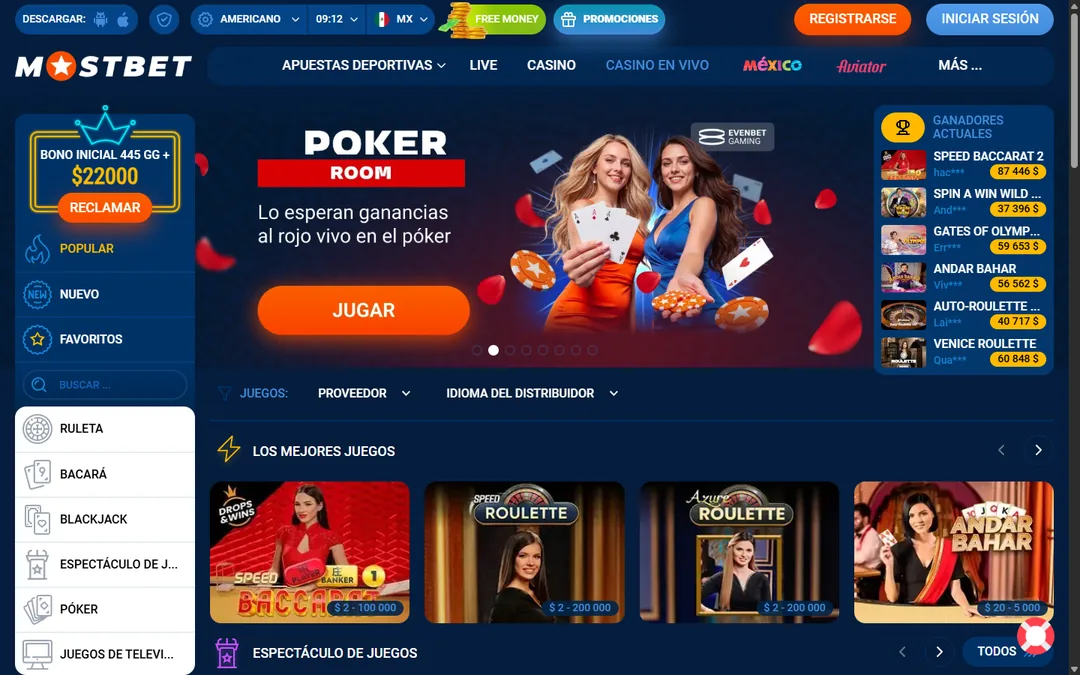 Casino en vivo de Mostbet México con la sala de póker, ganadores actuales y las mesas de Pragmatic Play y Evolution con sus límites