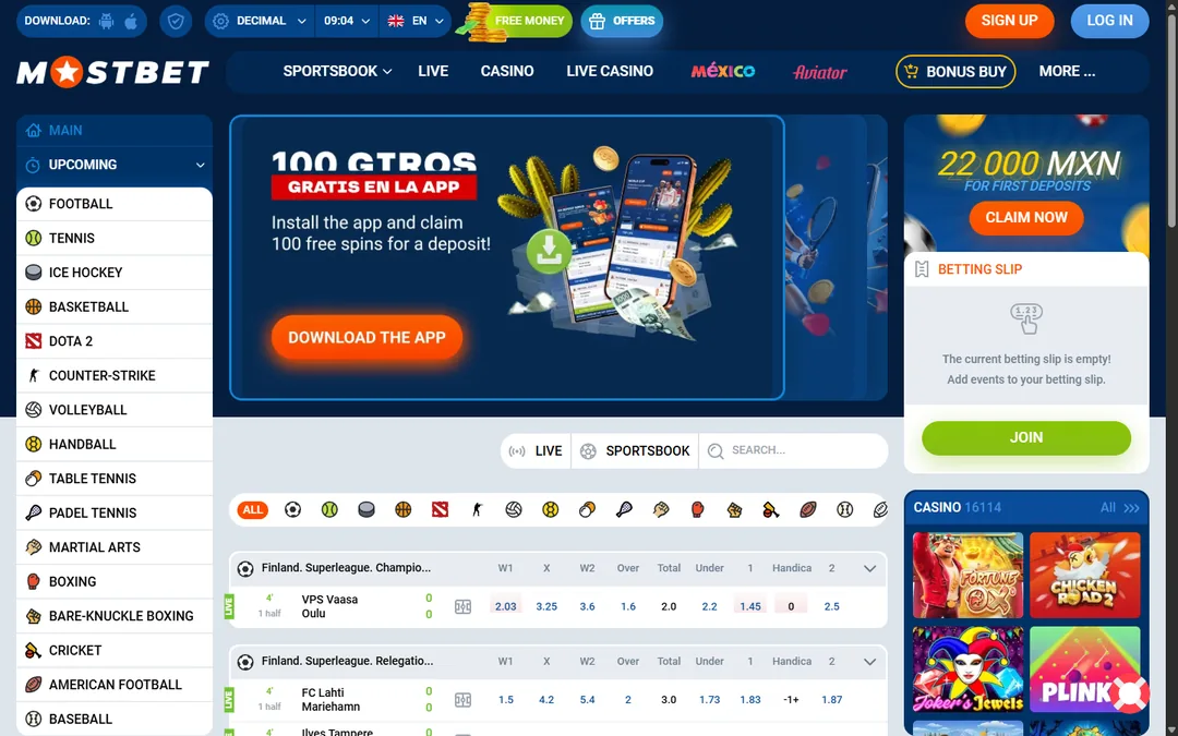 Portada del espejo internacional de Mostbet en inglés al que redirige mostbet.com desde México, con el banner de la app y el bono de 22,000 MXN