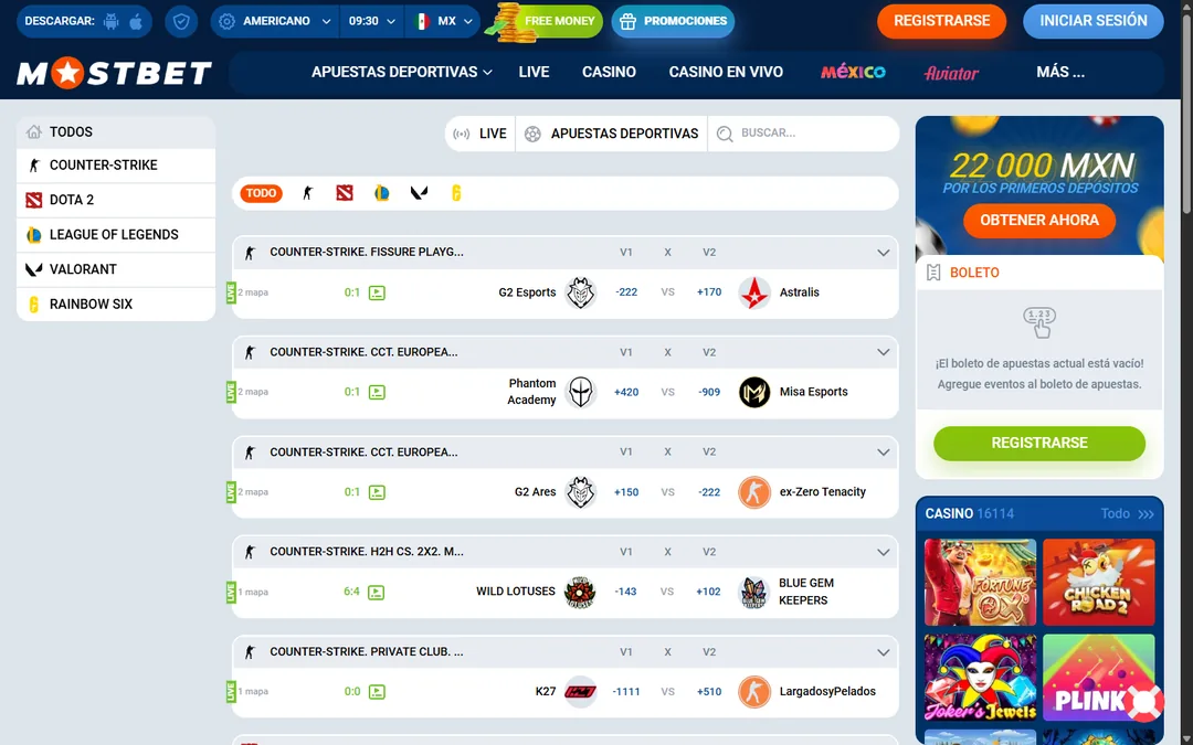 Sección de e-sports de Mostbet México con partidos de Counter-Strike y Dota 2