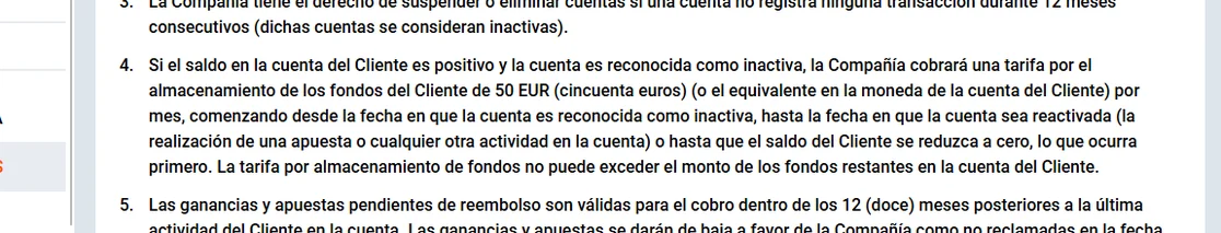 Sección 6 de las reglas de Mostbet sobre cuentas inactivas con la tarifa de almacenamiento de 50 euros al mes