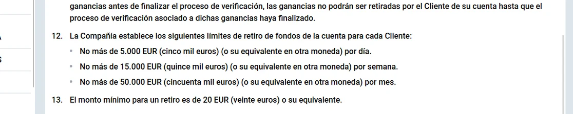 Sección 9 de las reglas de Mostbet con los topes de retiro de 5,000 euros por día, 15,000 por semana y 50,000 por mes y el mínimo de 20 euros