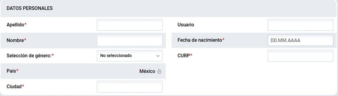 Formulario de datos personales de Mostbet México con los campos obligatorios apellido, nombre, género, ciudad, fecha de nacimiento y CURP