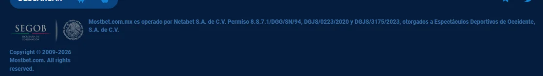 Pie de página de mostbet.com.mx con el escudo de la Secretaría de Gobernación y la línea del permiso: operado por Netabet S.A. de C.V., permisos DGJS/0223/2020 y DGJS/3175/2023 otorgados a Espectáculos Deportivos de Occidente