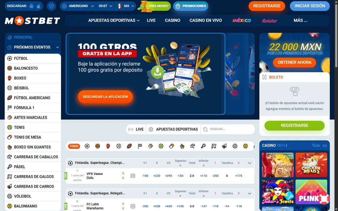 Portada de Mostbet México con el menú de deportes, el banner de Telegram, el bono de 22,000 MXN y los eventos en vivo