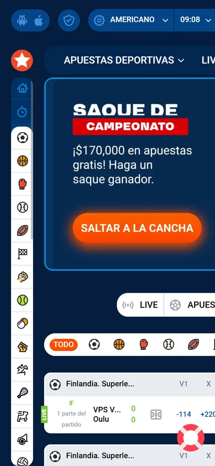 Portada móvil de Mostbet México con la barra de deportes, el banner Saque de Campeonato y la lista de eventos en vivo
