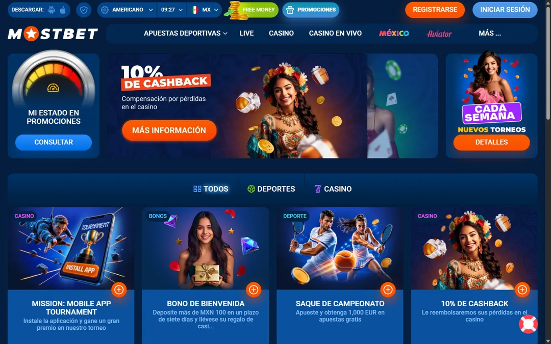 Página de promociones de Mostbet México con el torneo de la app, el bono de bienvenida, el cashback y el free bet