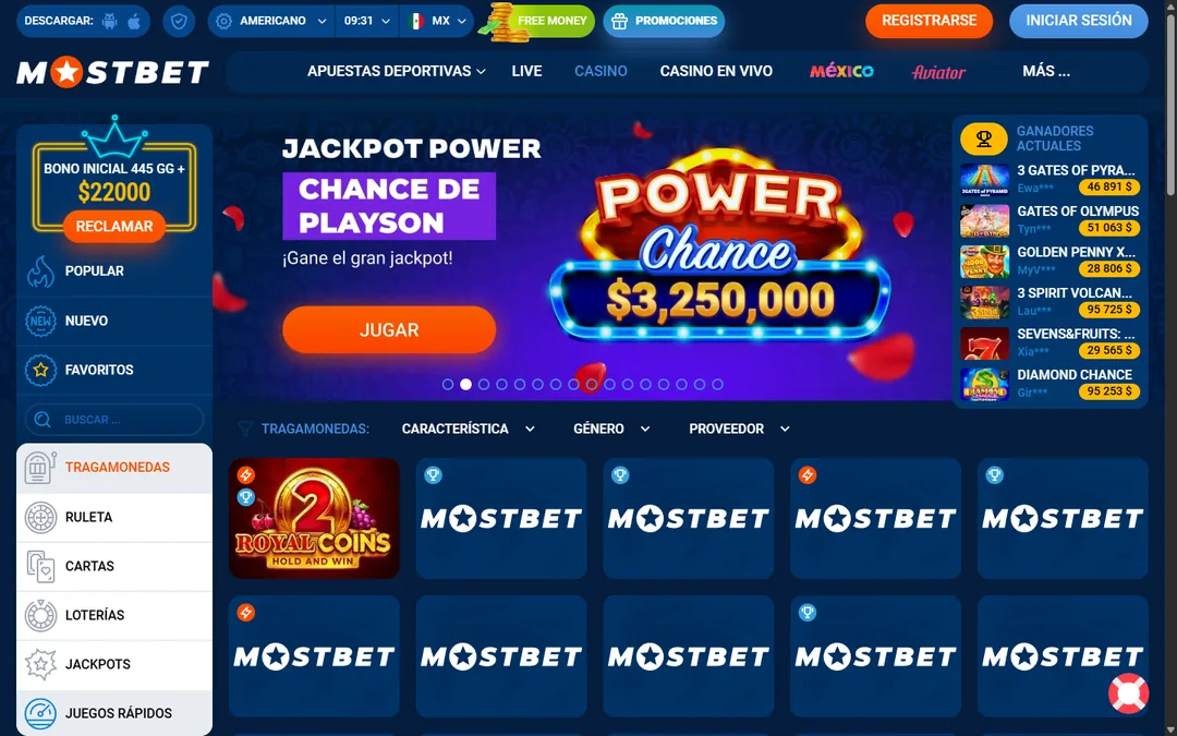 Sección de tragamonedas de Mostbet México con las filas de juegos populares y nuevos