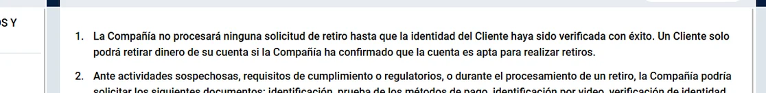 Primer párrafo de la política de retiro de Mostbet que dice que no procesará ninguna solicitud de retiro hasta verificar la identidad del cliente