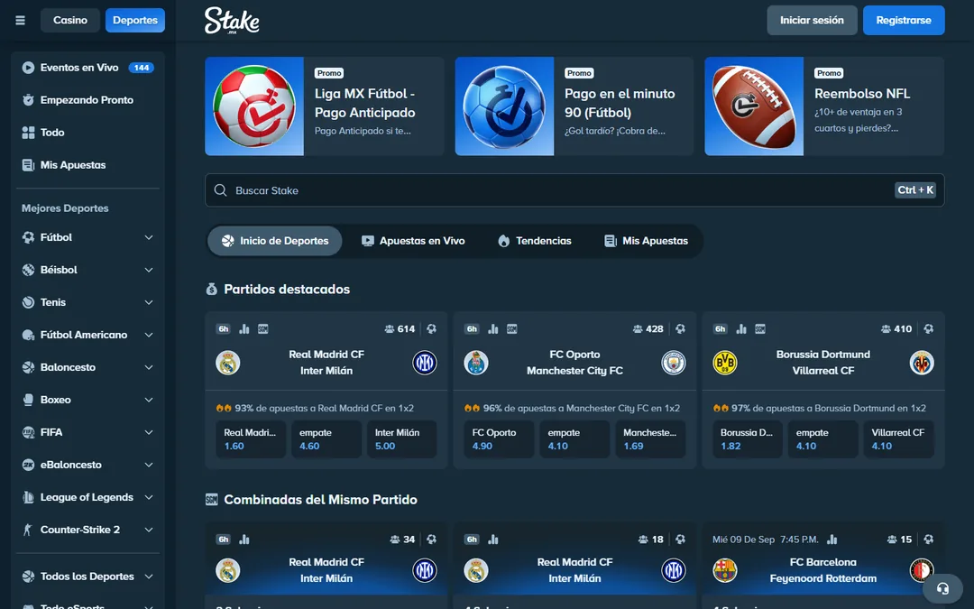 Página de deportes de Stake México con las promociones de Liga MX pago anticipado, reembolso NFL y El Escudo de Stake