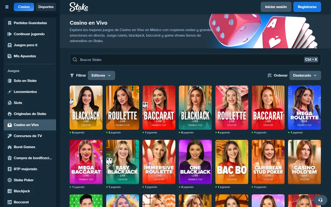 Casino en vivo de Stake México con mesas de blackjack, ruleta y bacará de Evolution y Pragmatic Play