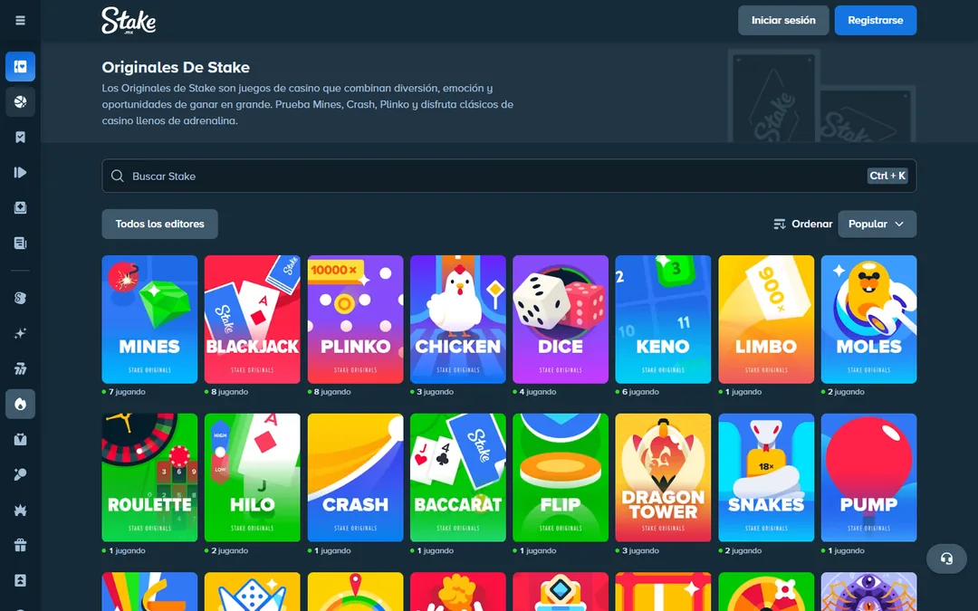 Sección de Originales de Stake con Mines, Blackjack, Plinko, Chicken, Dice, Keno, Limbo y más