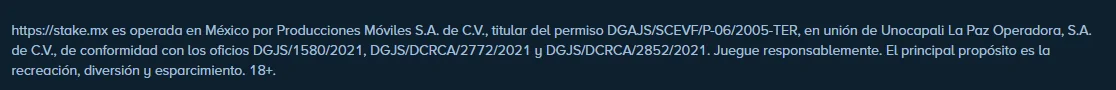 Pie de stake.mx con el permiso DGAJS/SCEVF/P-06/2005-TER, la permisionaria Producciones Móviles y los tres oficios
